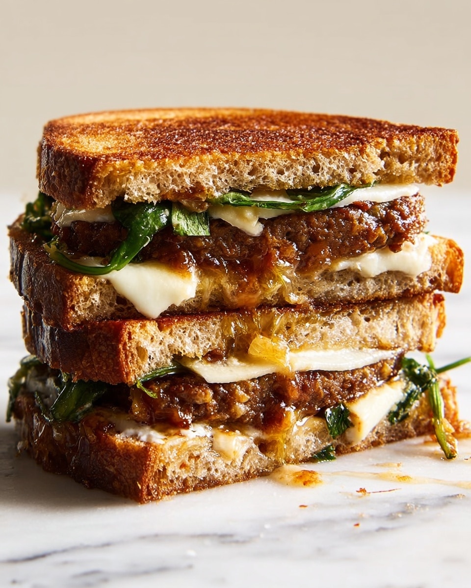 The image shows a double-layered sandwich sitting on a white marbled surface. The bottom layer has two slices of toasted brown bread with a rough texture, with the first slice on the base and the second slice topped with, from bottom to top, a layer of white melted cheese, a thick brown sausage patty, some green leafy vegetables, and a spread of cream sauce. The top layer has another slice of toasted brown bread on top, with a middle layer of another thick sausage patty, some melted white cheese dripping slightly, and more green leafy vegetables peeking out from the sides. The sandwich looks crispy and juicy, with the layers stacked evenly and slightly uneven edges. photo taken with an iphone --ar 4:5 --v 7
