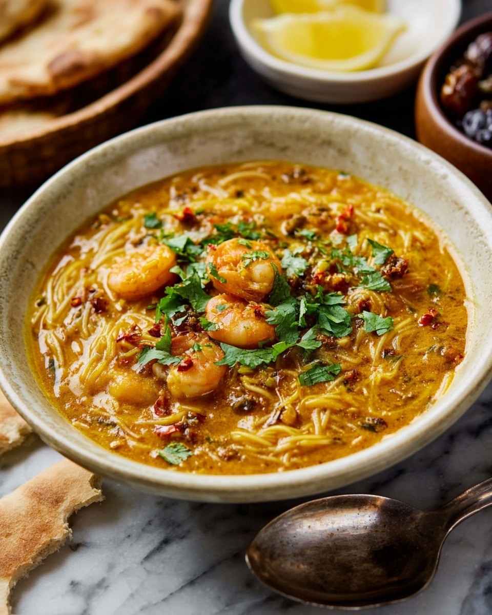 A bowl filled with a thick orange-yellow curry containing small shrimp and thin noodle strands, topped with fresh green cilantro leaves and a few red chili pieces scattered on top. The bowl is white with a rustic, slightly speckled texture inside. The dish sits on a white marbled surface with broken pieces of flat bread on the left side and a metal spoon on the right. In the background, there is a small white bowl holding a lemon wedge and a blurry brown bowl with some dark-colored nuts or dried fruits. photo taken with an iphone --ar 4:5 --v 7