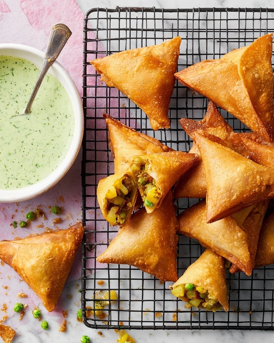 Several golden-brown triangular samosas with a crispy, flaky texture are arranged on a black cooling rack. One samosa is broken open, revealing a filling of yellow potatoes and green peas inside, with small filling pieces scattered on the rack. To the left, a white bowl holds a creamy, light green dipping sauce with visible green herbs, and a spoon is partially resting inside. The background is a white marbled texture with some crumbs around the bowl and rack, giving a fresh, appetizing look. Photo taken with an iphone --ar 4:5 --v 7