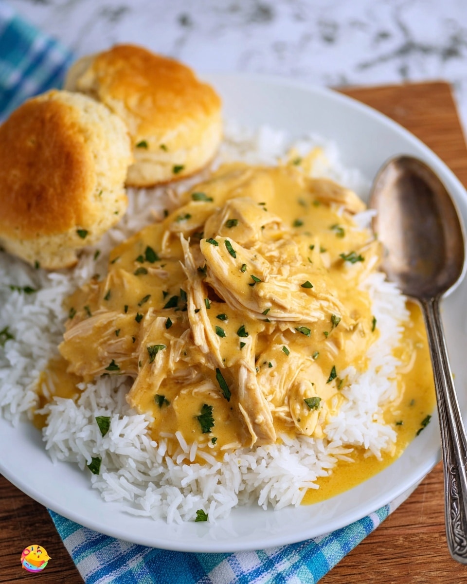 A white scalloped plate holds a serving of shredded chicken covered in creamy light brown gravy, placed on a bed of white rice. The chicken is tender and mixed well with the smooth gravy, sprinkled with small bits of green herbs on top. To the back left of the plate, there is a golden biscuit with a soft, crumbly texture. A silver spoon with a decorative handle rests on the right edge of the plate, partially in the gravy. The plate is set on a wooden surface with a white marbled texture in the background. photo taken with an iphone --ar 4:5 --v 7
