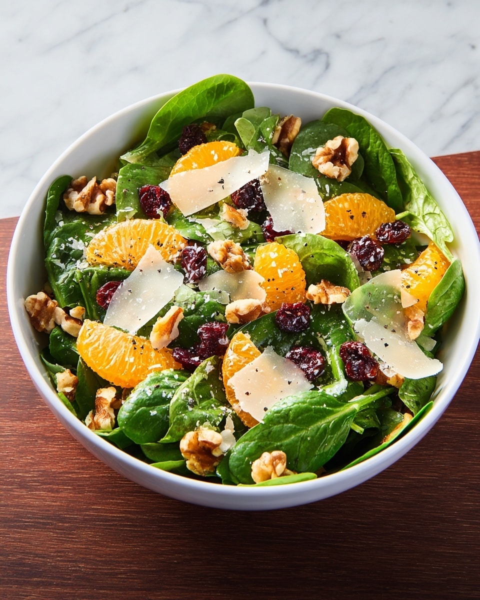 A white bowl filled with fresh dark green spinach leaves forms the base of this salad, layered with bright orange mandarin segments spread evenly across. Dried dark red cranberries are scattered throughout, adding contrast in color and texture. Light brown walnut pieces are distributed on top, providing a rough and chunky texture. Thin, white shavings of cheese rest on the surface, some with a slightly powdery look. The entire salad glistens lightly, showing small black pepper flakes and coarse salt sprinkled over it all, creating a fresh and colorful mix. The bowl sits on a white marbled surface. photo taken with an iphone --ar 4:5 --v 7