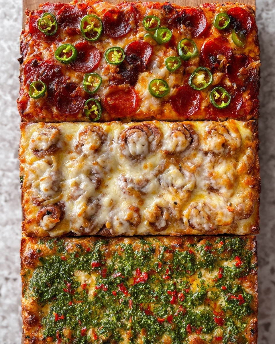 The image shows three rectangular flatbreads stacked vertically against a white marbled texture background. The top flatbread is a spicy pepperoni pizza with a thin golden crust, topped with melted cheese, dark red pepperoni slices, and green jalapeño rings scattered across the surface, some edges slightly browned. The middle layer is a sweet cinnamon roll flatbread with a soft, bumpy texture covered evenly in white glaze frosting that pools around the cinnamon rolls, giving it a shiny and sticky look with a light golden-brown underneath. The bottom flatbread has a crispy golden crust covered with a thick green herb sauce made from finely chopped parsley, cilantro, and small pieces of red chili, spread generously and evenly. All three layers showcase distinct textures and colors, with a clear separation between them, photo taken with an iphone --ar 4:5 --v 7