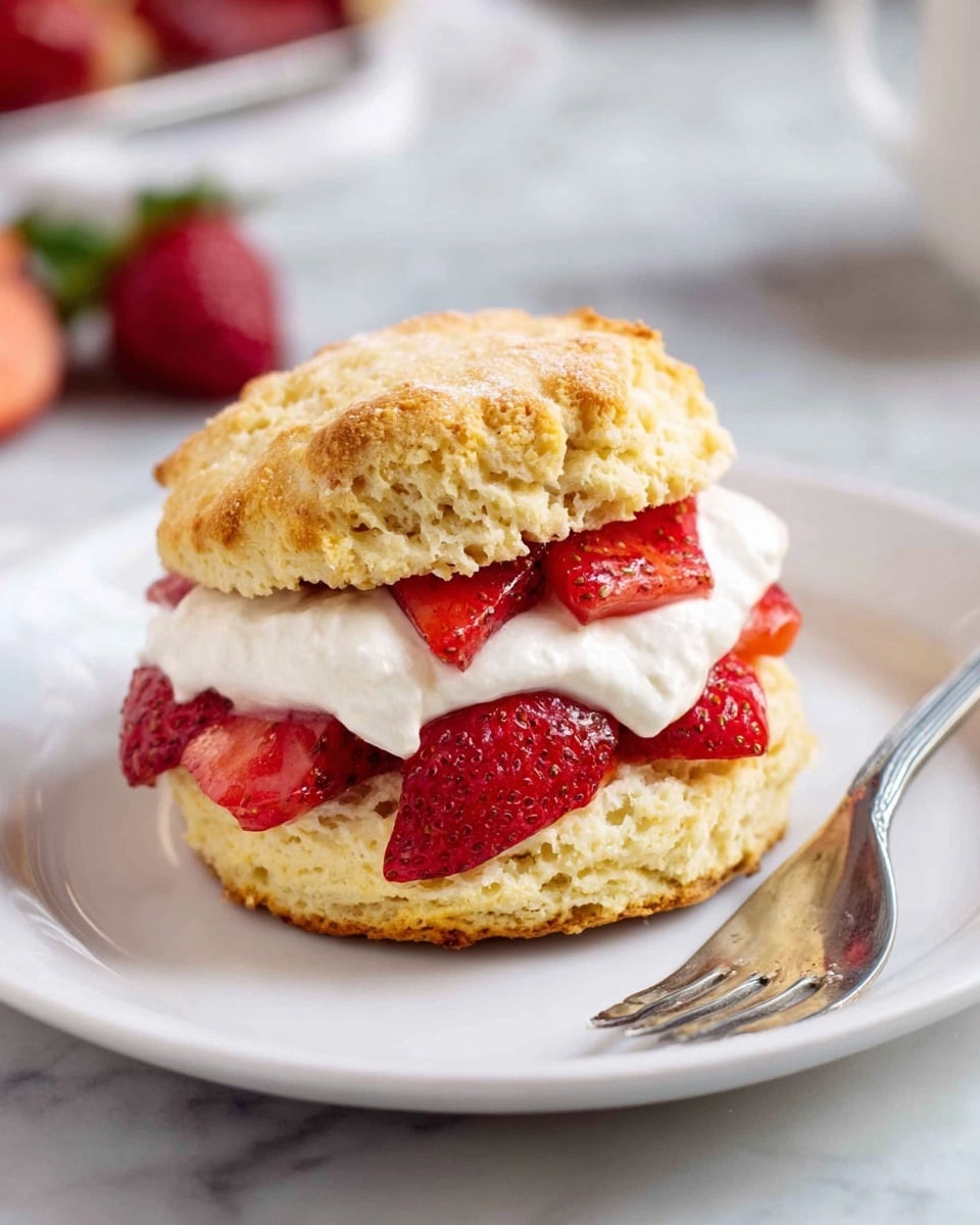 A white plate holds a biscuit sandwich with three visible layers: the bottom layer is a golden, slightly crumbly biscuit base; the middle layer consists of fresh, bright red strawberry pieces topped with a thick, white creamy filling; the top layer is the biscuit's golden, textured top half. A silver fork rests on the right side of the plate. The plate is set on a white marbled surface. Photo taken with an iphone --ar 4:5 --v 7