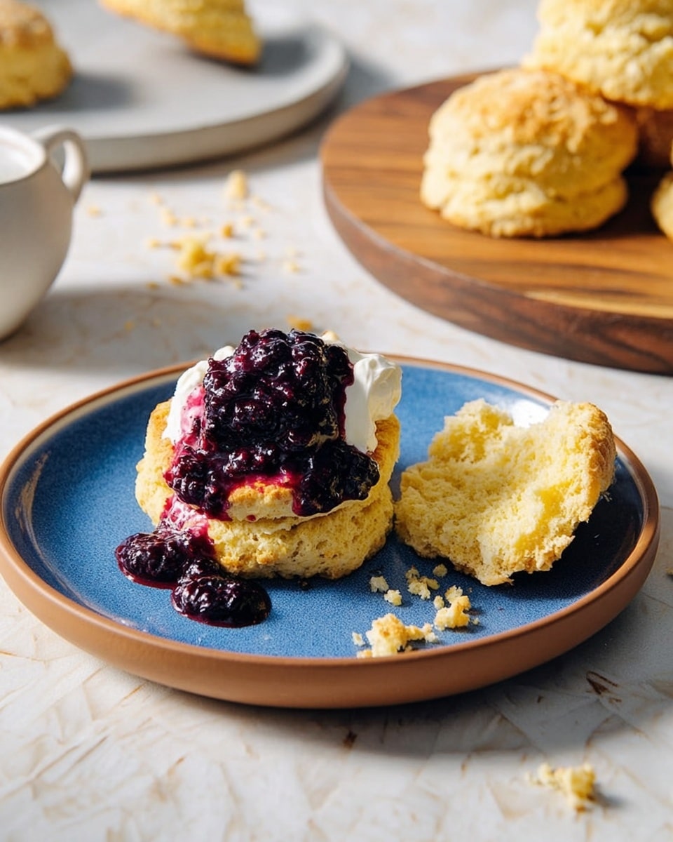 A crumbly golden biscuit is split open on a blue plate with a brown rim, placed on top of a larger white plate. The biscuit is topped with a dollop of white cream and a layer of dark purple berry compote, which spills out in thick, glossy streams onto the plate. The inside of the biscuit is light yellow with a fluffy texture, showing bits of crumb around it. In the background, more golden biscuits sit on a white plate and a wooden board on a white marbled surface, with crumbs scattered around. Photo taken with an iphone --ar 4:5 --v 7
